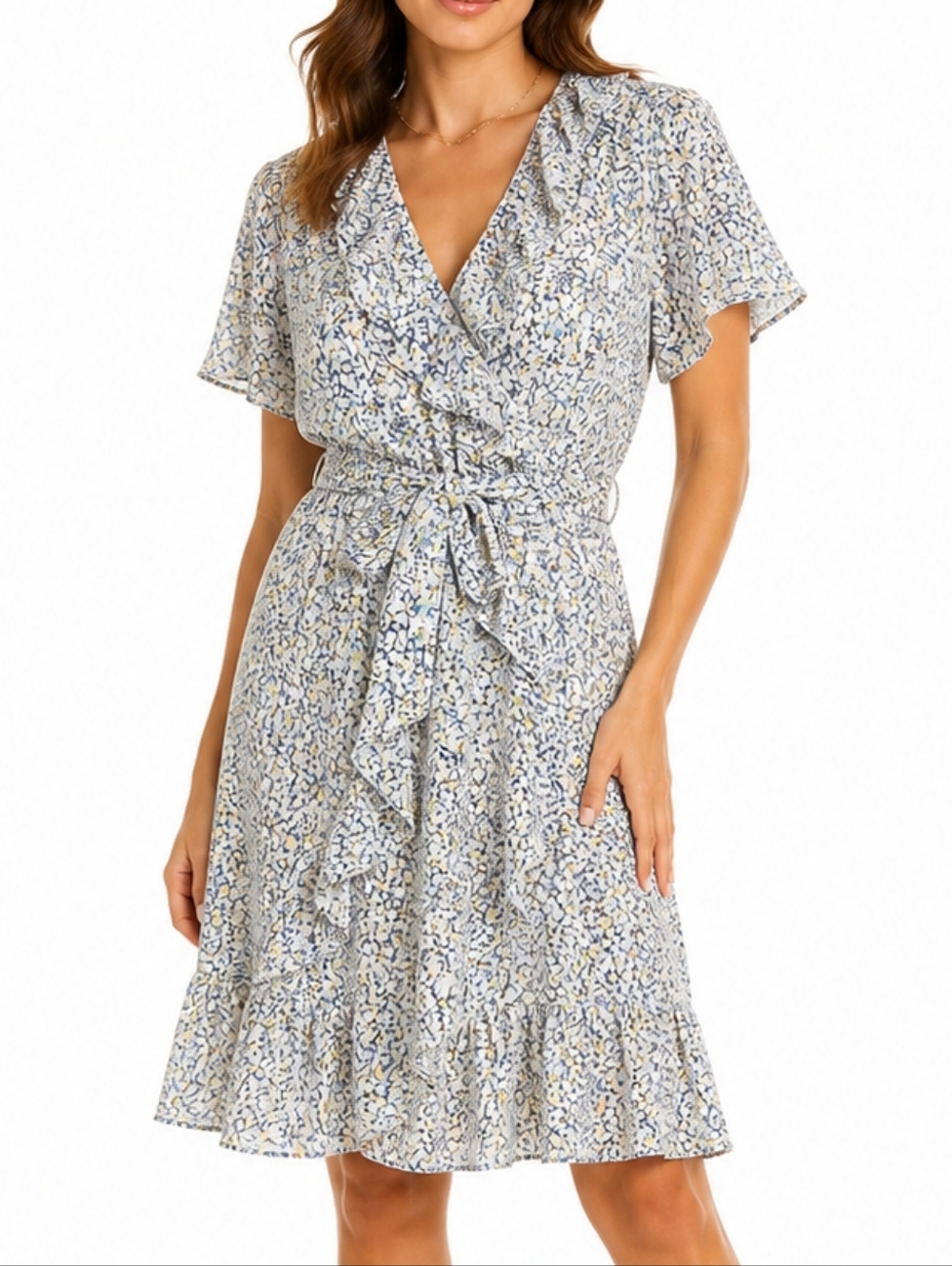 LC Lauren Conrad Blue and White Floral Wrap Midi Dress
